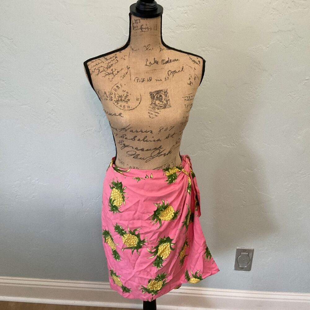 Vintage Hawaiian 100% Silk skirt sarong pineapple pink Retro swim pineapple L